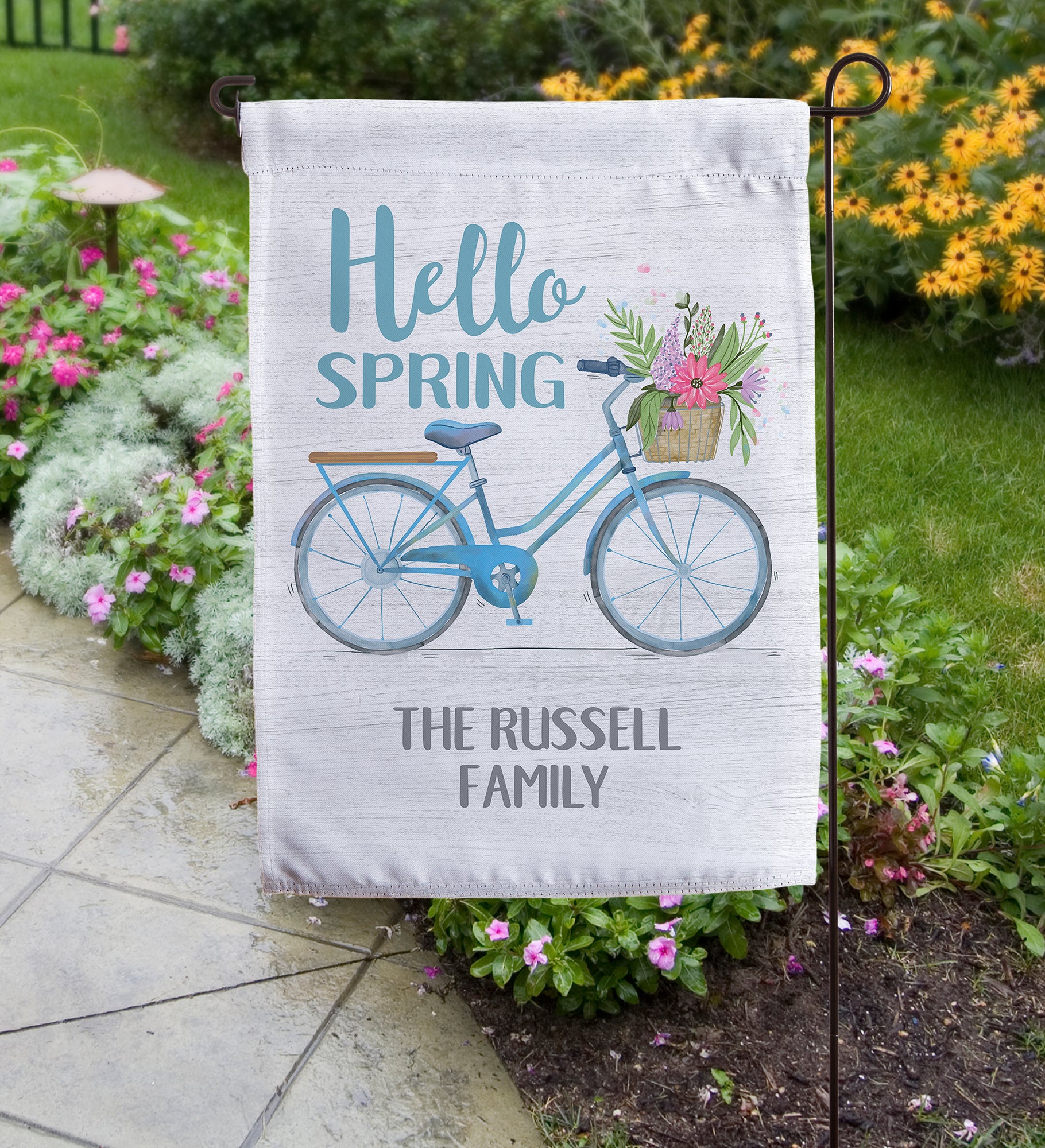 Hello Spring Floral Bicycle Personalized Garden Flag